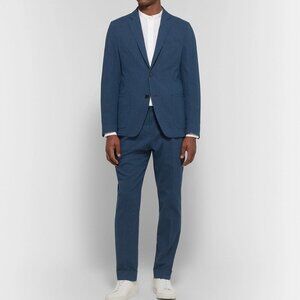 Officine Generale Navy Blue Slim Fit Cotton Blend Seersucker Suit Pants Set​